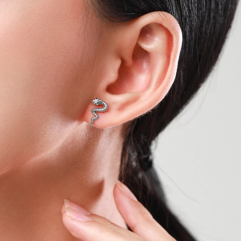 Orecchini A Lobo Serpente In Argento Sterling 925 Con Occhi In Zircone Nero Stile Punk Vintage Gioielli Animali