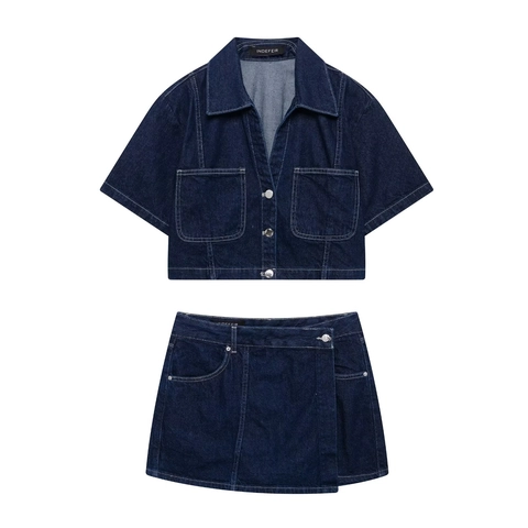 Damen Casual Denim Zweiteiler Set Dunkelblau Kurzarm Jacke Mit Knöpfen Minirock Skort Set Kontrastnähte Streetwear