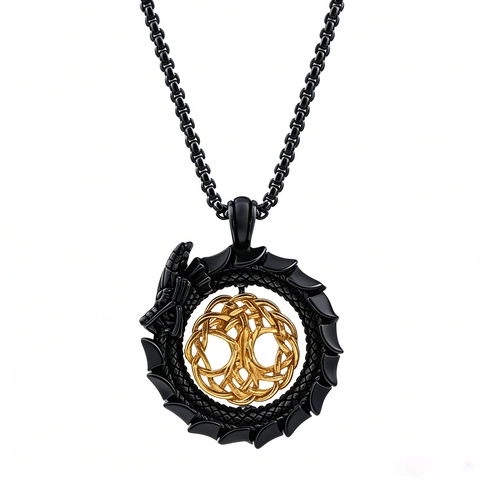 Dragon Ouroboros Pendant Necklace Stainless Steel Tree Of Life Viking Mythological Retro Punk Jewelry For Men