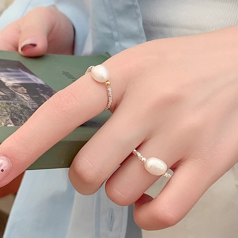 Anello Con Perla Artificial Barocca Naturale Argento Sterling S925 Elastico Trama Artigianale Gioielli Minimalisti Vintage Donna