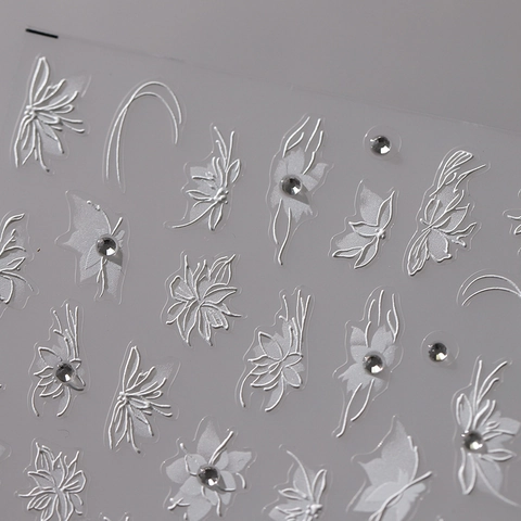 5D Embossed Nail Art Stickers White Flower Butterfly 3D Relief Self Adhesive Decals With Rhinestones For Manicure Decoration