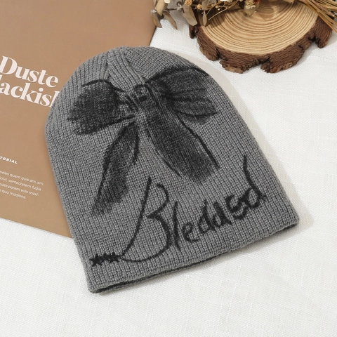 Women Vintage Bow Knit Beanie Hat Blessed Letter Pattern Warm Winter Polyester Crochet Skull Cap For Outdoor Daily Wear