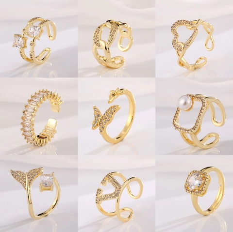 Verstelbare Ring Verguld Koperen Zirkoon Inlaid Minimalistische Sieraden Elegante Mode Open Vinger Accessoire Voor Vrouwen