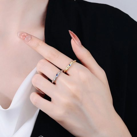 Geometric Texture Open Ring Copper With Blue Zircon Adjustable Minimalist Korean Style Finger Jewelry For Women