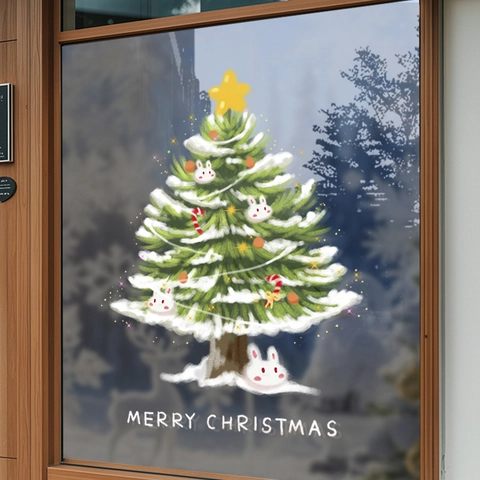 Christmas Tree Window Cling Static Sticker PVC Both Sides Colored Merry Christmas Rabbit Pattern Glass Decor Festive Shop Window