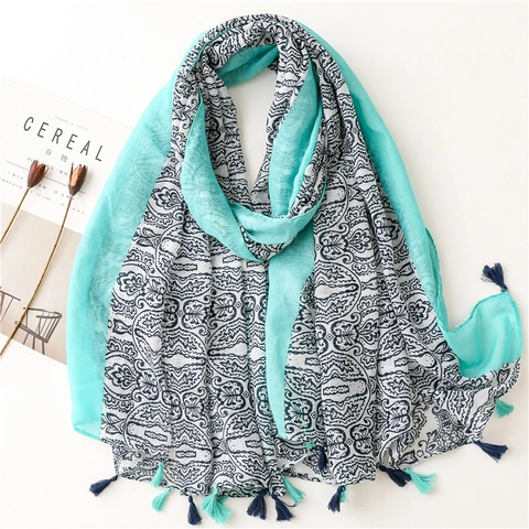 Bohemian Paisley Print Scarf With Tassels Lightweight Polyester Sun Protection Large Beach Shawl For Women