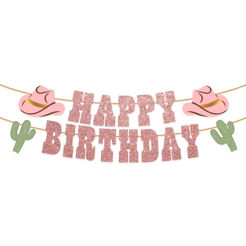 Western Cowboy Happy Birthday Banner Glitter Paper Cactus Hat Bunting Decorations For Boy Girl Party Theme