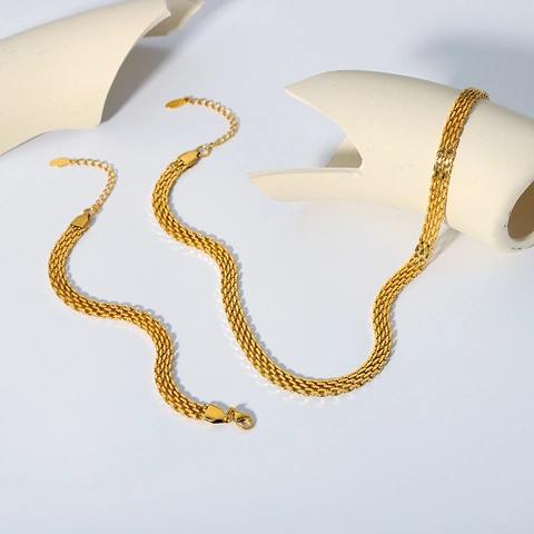 Vintage 18K Gold Plated Titanium Steel Woven Mesh Necklace For Women Men Retro Flat Milan Chain Jewelry Minimalist Bracelet