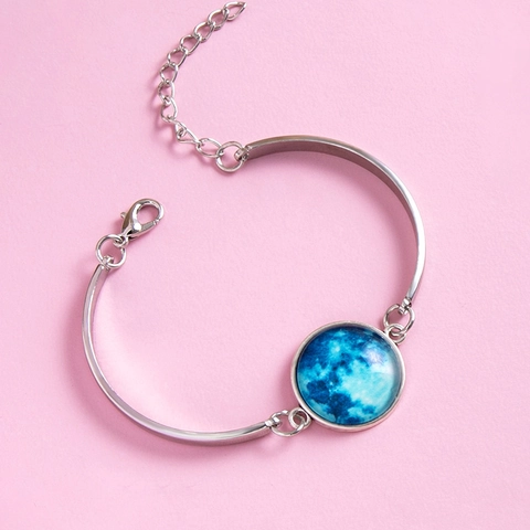 Leuchtendes Mond Sternenhimmel Armband Legierung Versilbert Glas Cabochon Verstellbar Im Dunkeln Leuchtender Schmuck