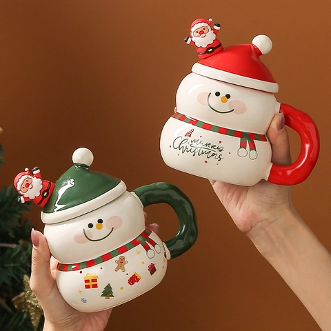 Taza De Cerámica De Navidad Con Tapa Y Cuchara Dibujos Animados Papá Noel Muñeco De Nieve Árbol Taza De Café Para Regalo De Fiesta Hogar Oficina