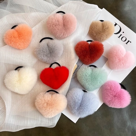 Plush Heart Hair Ties Elastic Scrunchies Faux Fur Leopard Print Soft Fashion Hair Accessories For Women Girls
