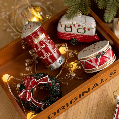 Ornamenti Natalizi Appesi Creativi in PVC Glitterati Vintage Camion Van Casa Cassetta Postale Ghirlanda Tamburo Regalo Decorativo
