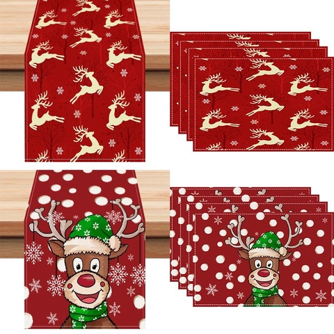 Table Runner And Placemats Christmas Elk Snowflakes Pattern Linen Polyester Festive Holiday Home Dining Decor