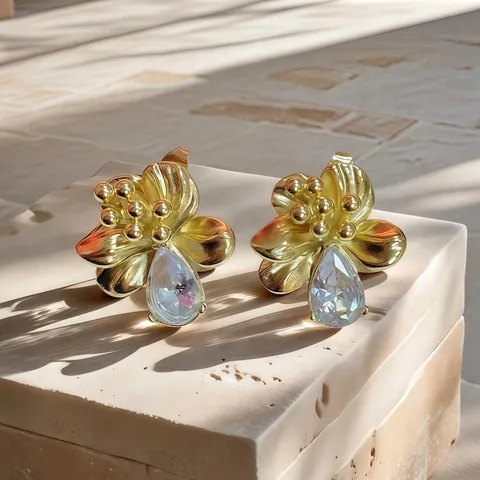 Gold Plated Stainless Steel Flower Earrings With Pear Shaped Transparent Zircon For Women High End Elegant Style