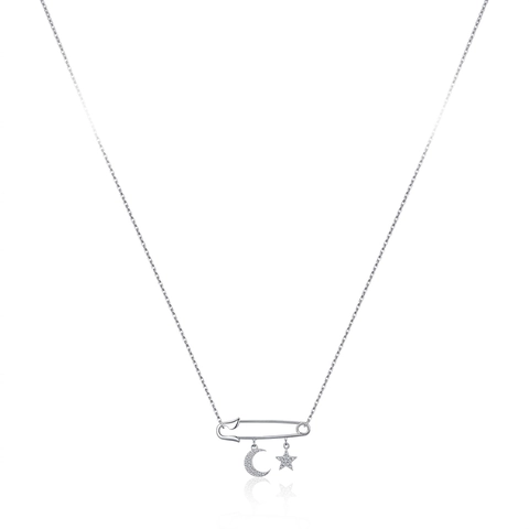 925 Sterling Silber Halskette Mit Sicherheitsnadel Anhänger Zirkon Mond Und Stern Eleganter Minimalistischer Schmuck Für Damen