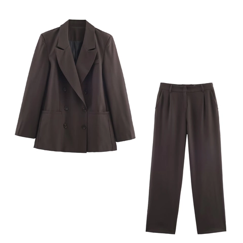 Blazer Doppio Petto E Pantaloni Dritti Da Donna Poliestere Spalline Imbottite Vita Alta Completi Professionali Ufficio Marrone Scuro