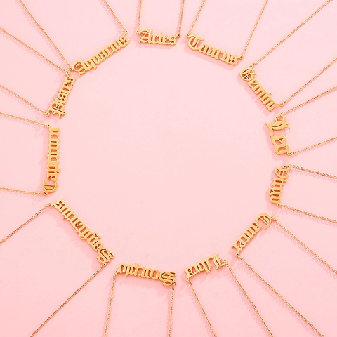Collier Prénom Signe Du Zodiaque Plaqué Or 18K Acier Inoxydable Police Gothique Bijoux Constellation Pour Femmes