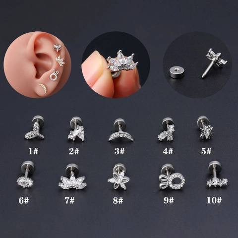 Orecchino Cartilagine Gioielli Piercing Acciaio Inossidabile E Zircone Intarsiato Rame Luna Fiore Borchie Vite Piatta Donna