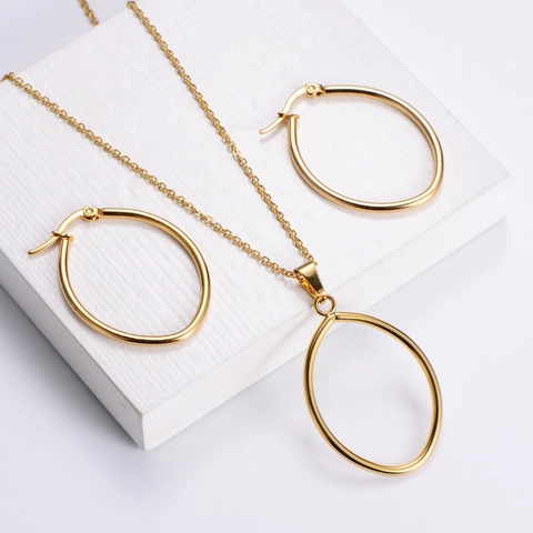 Minimalistischer 18K Vergoldeter Edelstahl Ovaler Geometrischer Schmuck Für Frauen Anhänger Halskette Und Ohrringe