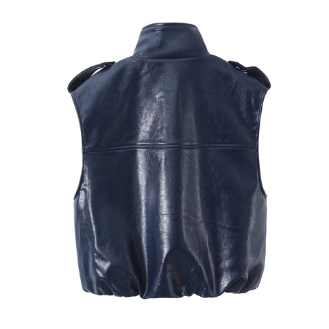 Women PU Leather Skirt Outfits Sleeveless Vest Top And Belted Mini Skirt Streetwear Fashion Solid Navy Blue
