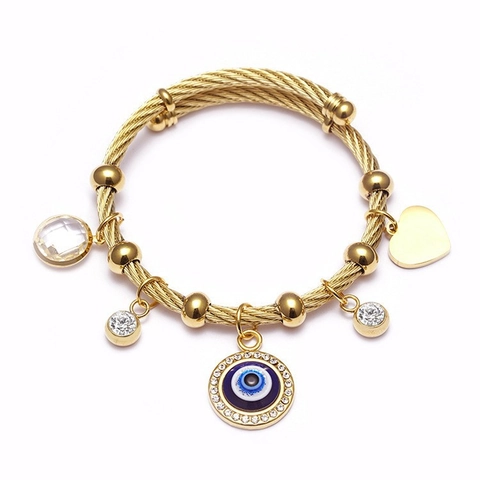 Turkish Ethnic Stainless Steel Evil Eye Bangle For Women Braided Cable Titanium Steel Hamsa Hand Heart Rhinestone Charm Bracelet Fashion Jewelry Gift