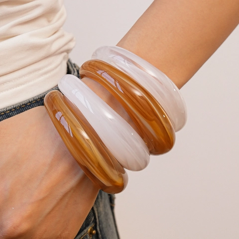 Bracciale Rigido Aperto In Acrilico Per Donna Retro Minimalista Motivo Marmo Resina Spesso Forma A C Gioielli Di Moda