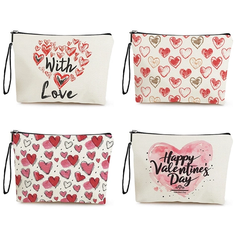 Borsa Trucco Con Stampa Cuore Lino Fine Pochette Cosmetici Con Cerniera E Cinturino Da Polso Tema San Valentino Viaggio