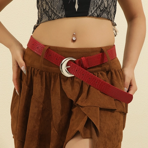 Women Faux Leather Belt Crocodile Pattern Half Moon Alloy Buckle Y2K Retro Vintage For Jeans Dress