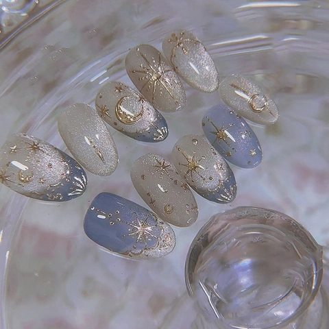 Starry Moon Gradient Almond Shape Press On Nails Cat Eye Blue White French Style False Nails For Women With Glue
