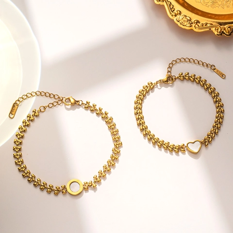 Elegante Bracciale Cuore Spiga Di Grano E Cerchio Romano Madreperla Acciaio Inossidabile Placcato Oro