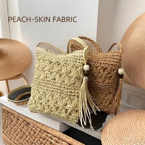 Handgefertigte Stroh Umhängetasche Blumenmuster Quaste Holzperlen Bohemian Sommer Strand Schultertasche Für Damen