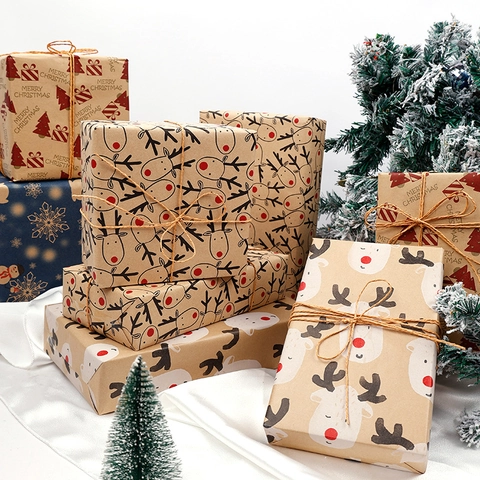 Christmas Gift Wrapping Paper Rolls Kraft Paper DIY Handcrafted Holiday Decor Patterns Reindeer Santa Trees
