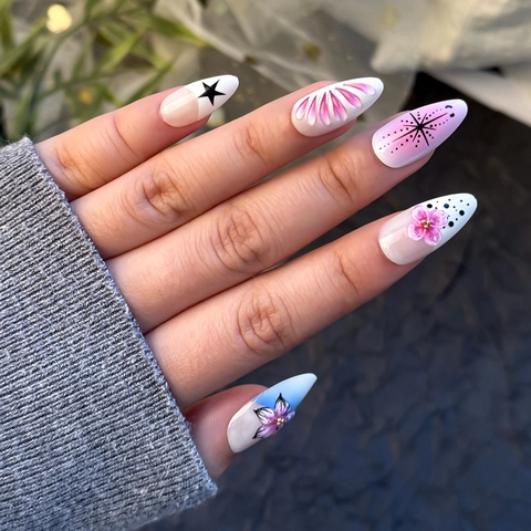 Press On Nails French Almond Shape 3D Relief Flower Gradient Pink Blue Shell Pattern Resin Fashion Women Finger Art