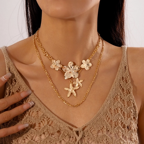 Lagenkette Gold Legierung Seestern Blume Anhänger Strand Urlaub Stil Schlüsselbein Kette Für Damen