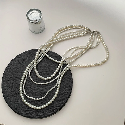 Elegante Mehrlagige Künstliche Perlenkette Imitationsperlen Lange Pulloverkette Retro Luxus Schmuck Für Damen Weiß