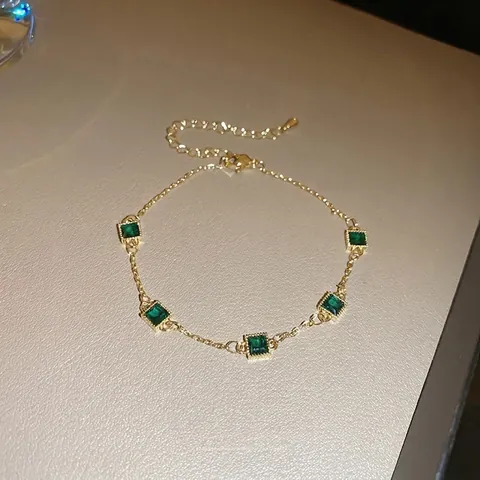 Elegant Square Green Zircon Bracelet Gold Plated Copper French Retro Adjustable Chain Women Jewelry Gift