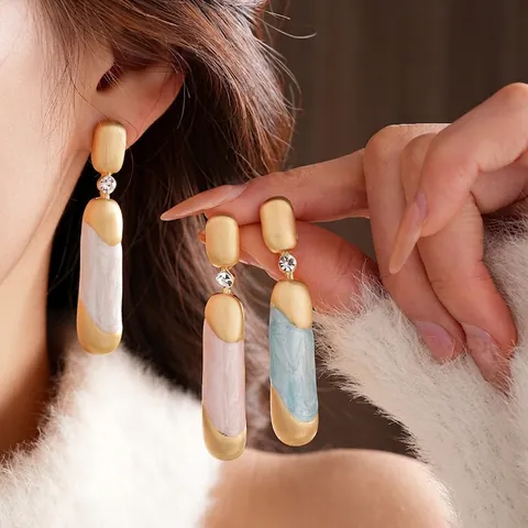 Vintage Geometric Drop Earrings With Marbled Texture Enamel Alloy Zircon And Silver Earring Post Elegant For Women