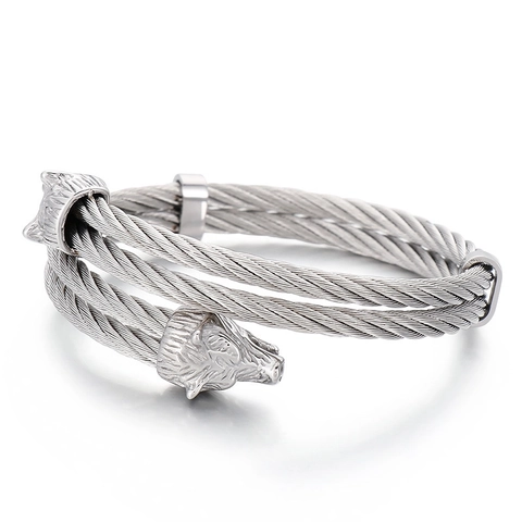 Brazalete Abierto De Cable Trenzado De Acero Inoxidable Con Dos Cabezas De Lobo Estilo Punk Vikingo Para Hombre