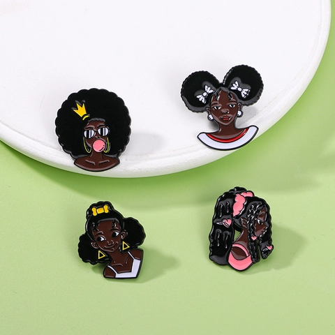 Broche En Émail De Fille Noire De Dessin Animé Épingle En Alliage Cheveux Afro Style Hip Hop Bijoux De Mode