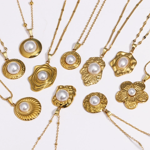 Elegante Collar De Acero Inoxidable Con Colgante De Concha Floral Y Perla Artificial Bañada En Oro Para Mujer Joyas