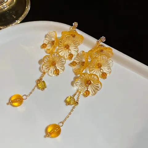 Orecchini Lunghi Nappa Floreale Resina Ambra Strass Lega Oro Con Perno In Argento Sterling 925 Retro