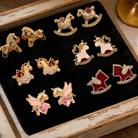 Rocking Horse Stud Earrings Enamel Flocking Zircon Faux Artificial Pearl Decorative Animal Jewelry With Silver Earring Post For Women