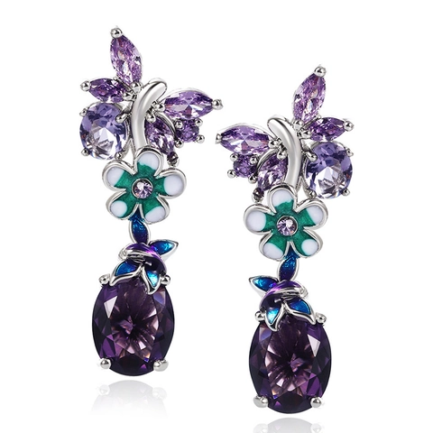 Eleganti Orecchini a Pendente in Rame a Forma di Farfalla e Fiore Con Zirconia Viola Ovale e Dettagli in Smalto Gioielli Vintage per Donna