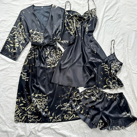 Übergröße Damen Pyjamas Robe Trägerkleid Cami Shorts Satin Satinnimitat Blumendruck V Ausschnitt Loungewear Nachtwäsche