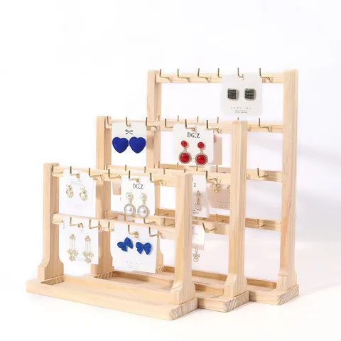 Wooden Jewelry Display Stand Organizer Metal Hooks Bottom Tray Earrings Necklaces Bracelets Rings Storage Home Decor