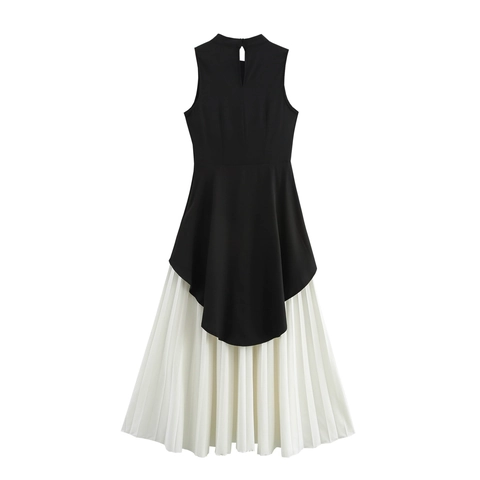 Women Elegant Sleeveless Maxi Dress Color Block Pleated High Waist Heart Neckline Faux Layered Polyester