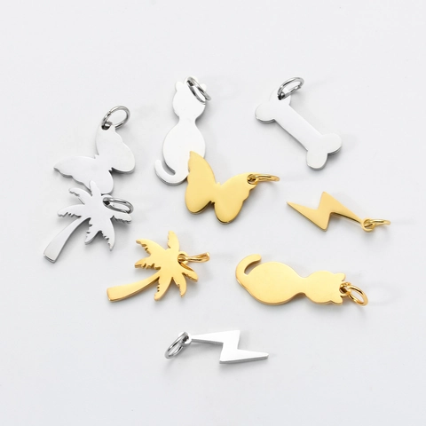 Stainless Steel Charms Pendants Butterfly Cat Bone Lightning Coconut Tree DIY Jewelry Making Polished Gold Silver
