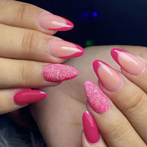 Almond Press On Nägel Dunkelrosa Französische Spitze Glitzer Lang Künstliche Falsche Fingernägel Für Damen Elegant