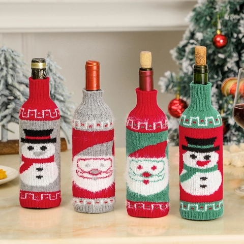 Fundas Para Botellas De Vino De Navidad De Punto Papá Noel Muñeco De Nieve Decoración De Mesa Xmas Accesorios Para Fiestas