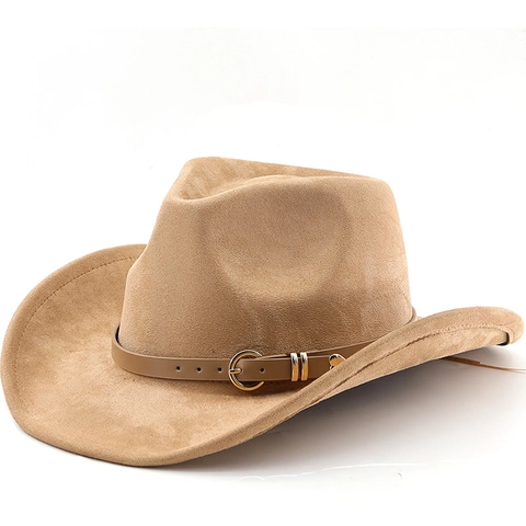 Retro Western Cowboyhoed Suède Polyester Brede Rand Met Leren Riemgesp Outdoor Reizen Jazz Stijl
